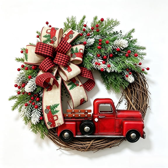 14" Rustic Christmas Garland Red Truck Christmas Wreath Xmas Rattan Decor