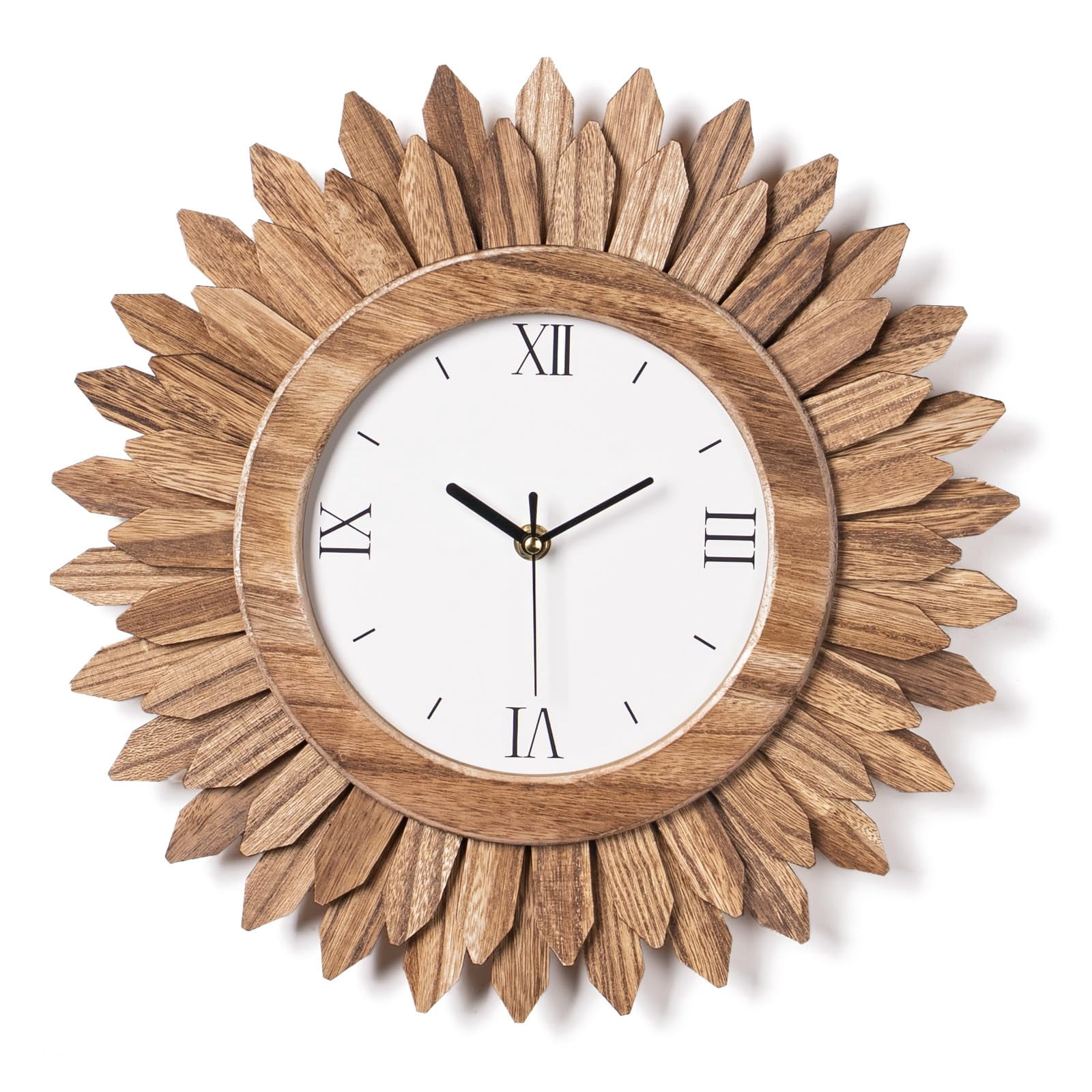 14 In Rustic Wood Boho Sunburst Decorative Wall Clock Silent Non Ticking Farmhouse Small Wall Clocks for Living Room Kitchen Bedroom Decor (Rustic Brown)