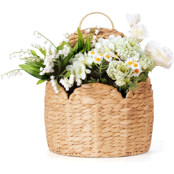 14" Scalloped Edge Hanging Planter Basket, Hand-Woven Water Hyacinth Wall Basket for Front Door, Wicker Storage Organizer for Flowers & Mails, Modern Farmhouse Home Decor