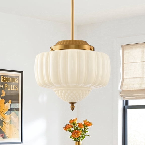 Parrot Uncle 14" Schoolhouse Pendant Light with Ribbed Opal Glass Shade, Adjustable Hanging Ceiling Fixture for Kitchen Island, Dining Room, and Entryway