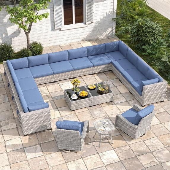 14-Seat Modern Patio Furniture Set with Swivel Rocking Chairs, Thick 4″ Cushions, Dual-Strand Wicker Rattan, Rust-Resistant Steel Frame – Outdoor Conversation & Modular Sectional,Navy