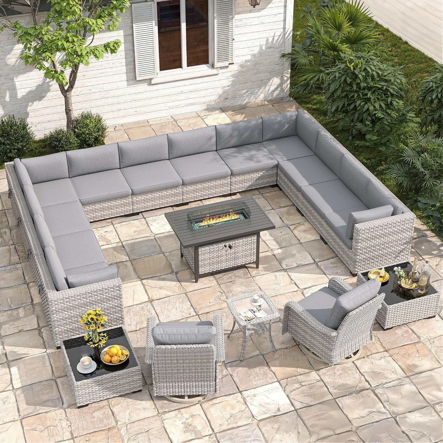 14-Seat Outdoor Wicker Patio Furniture Set with Fire Pit Table, Modular Rattan Sectional Sofa & 2 Swivel Rocking Chairs, 4" Thick Cushions, Rust-Resistant Frame,Grey