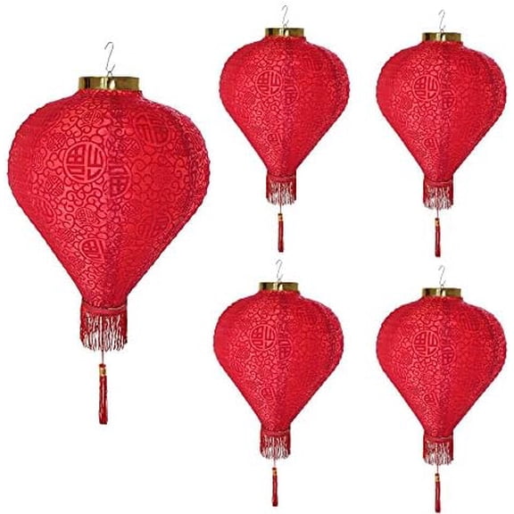 14" (Set of 5) Red Good Fortune (Fu) Oriental Chinese Japanese Paper Nylon Lantern Festival Decoration for Wedding, New Year, Chinese Spring Festival, Celebration Party Decor ~