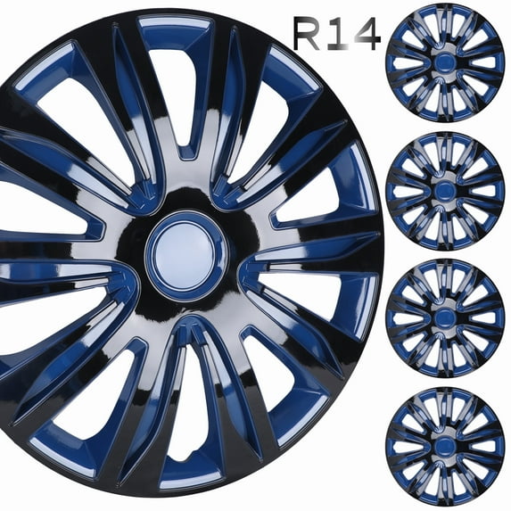 14" Set of 4 Wheel Covers Snap on Hubcaps Full Hub Caps Fit R14 Tire & Steel Rim (4 Pack)-Black Lacquer & Blue Lacquer