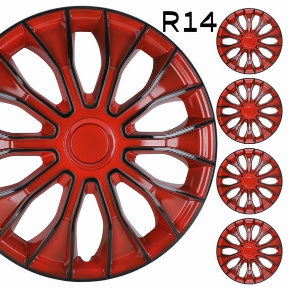 14" Set of 4 Wheel Covers Snap on Hubcaps Full Hub Caps Fit R14 Tire & Steel Rim (4 Pack)-Black Lacquer & Red Lacquer