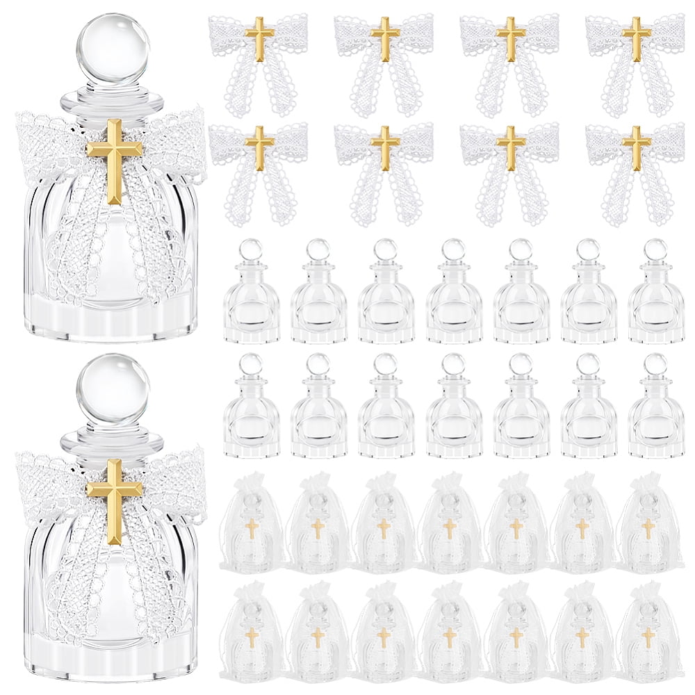 14 Sets Holy Bottle Baptism Favors with Rosary and Lace 50ml Empty Glass Holy Container Portable Empty Glass Travel Bottles