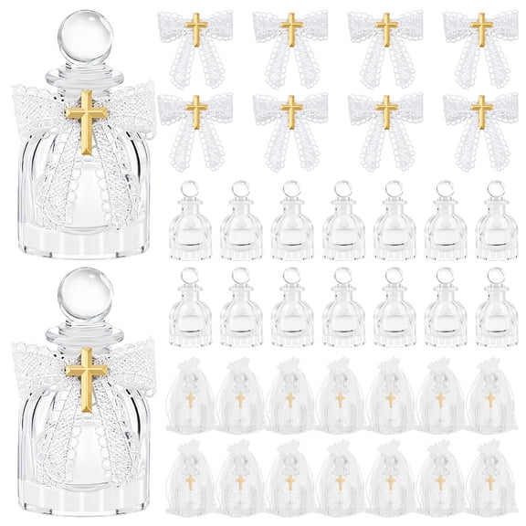 14 Sets Holy Bottle Baptism Favors with Rosary and Lace 50ml Empty Glass Holy Container Portable Empty Glass Travel Bottles