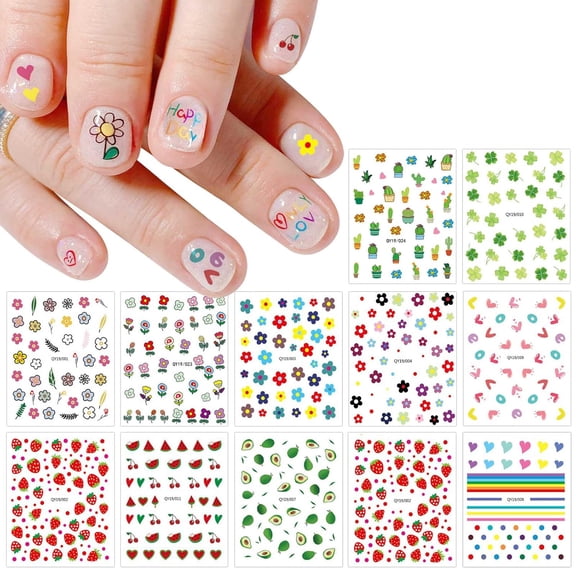 14 Sheets Cute Nail Stickers for Kids Nail Art Stickers Decals Self-Adhesive Pegatinas Uas Rainbow Flower Fruit Nail Supplies Nail Art Design Decoration Accessories