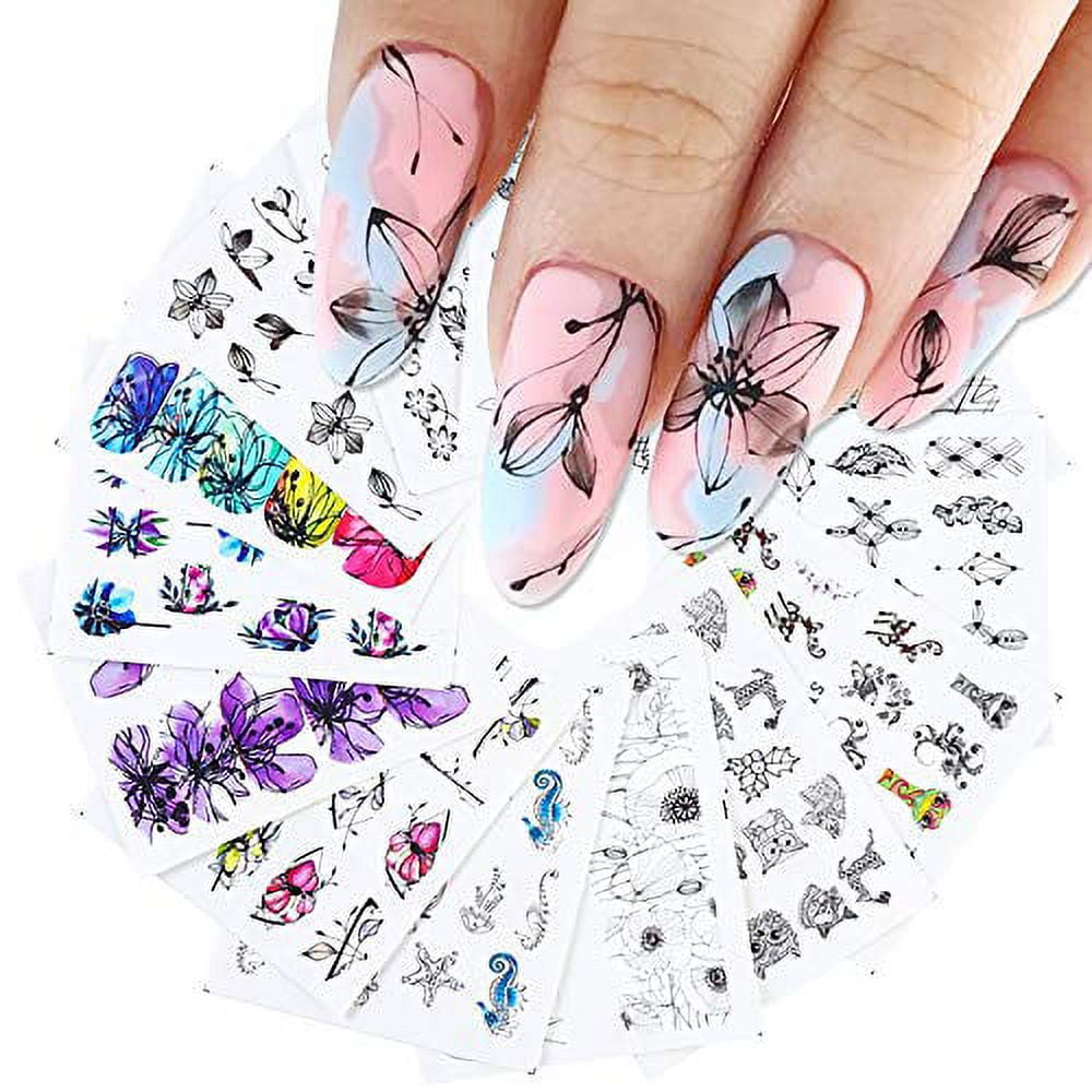 14 Sheets Fashion Watercolor Flower Nail Art Stickers Decals French Black  White Ink Line Water Transfers Flower Butterfly Animal Design For Women