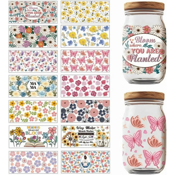 14 Sheets Transfers Stickers Rub on Transfers UV DTF Cup Wraps Decal Waterproof Printing UV Transfer Paper for 16 oz Glass Cups Furniture Decor DIY Crafts (Flower) Colorful