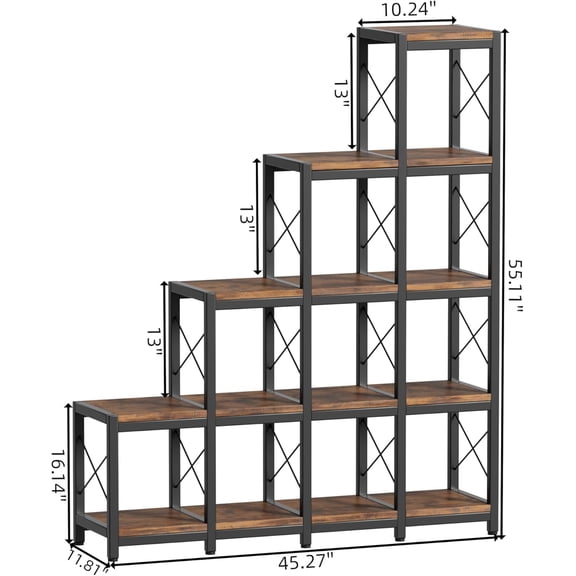 14 Shelves Bookshelf, Ladder Corner Bookshelf, Industrial Vintage Storage Organizer for Home Office Living Room