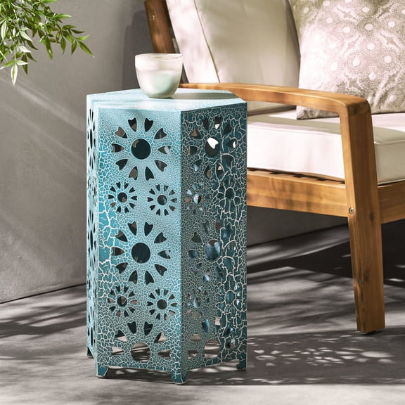 14" Side Table | Make Patio Colorful, Hold Drinks & Snacks | Light Iron with Sunburst | Easy to Move Around