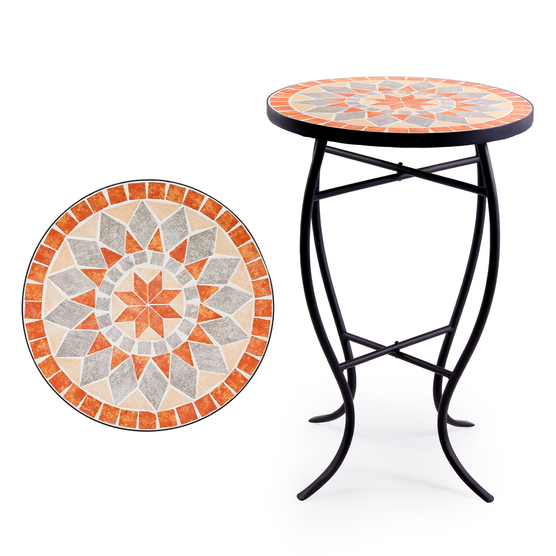 14" Side Table with Ceramic Tile Top & Metal Frame for Outdoor Patio Garden Star