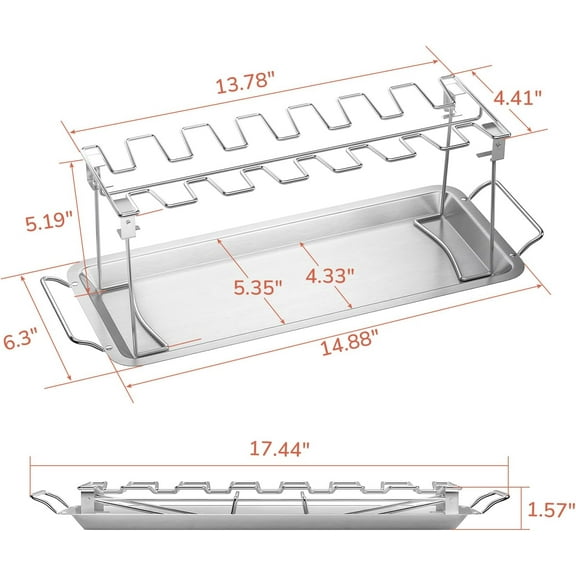 14-Slot Chicken Leg Rack for Grill & Wings - Premium Stainless Steel Foldable Roasting Rack with Detachable Drip Pan, Dishwasher-Safe BBQ Accessories for Oven, Grill, Camping, Parties$$Garden & Patio