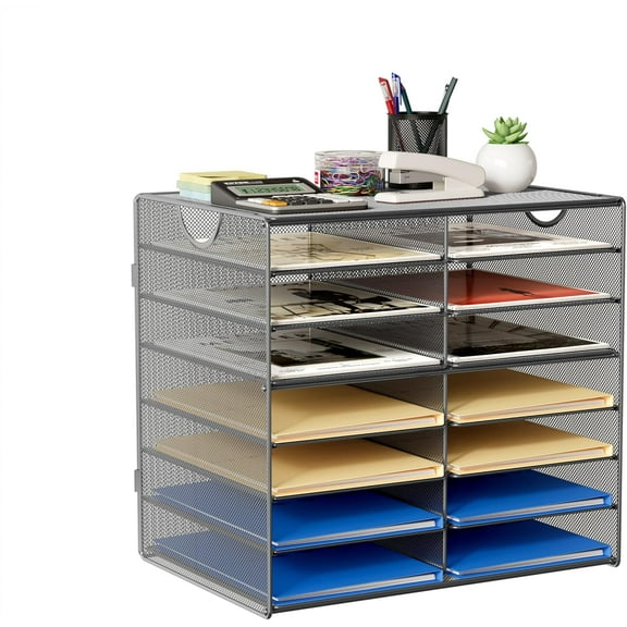 14-Slot Mesh Desk File Organizer with Handle, Metal Frame Paper Tray for Classroom/Office/Home - Easy Assembly, Durable Tiered Sorter & A4/Letter Size, Silver