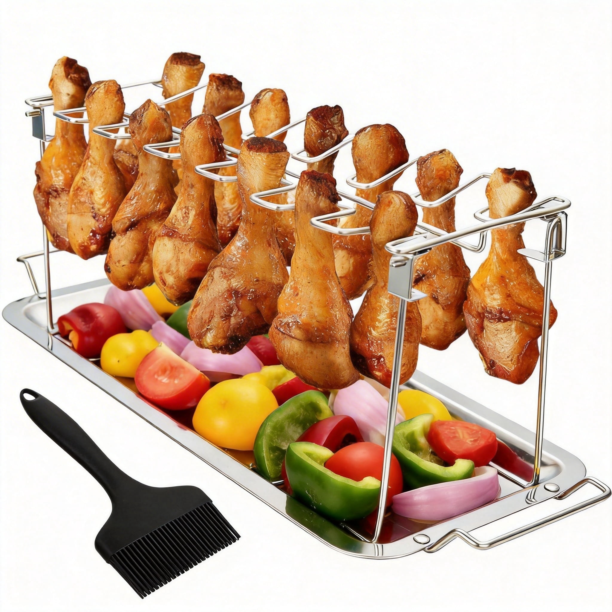 14-Slot Stainless Steel Chicken Leg and Wing Rack for Grill or Oven, Foldable Roasting Stand with Removable Drip Pan, Dishwasher Safe BBQ Tool for Camping and Parties