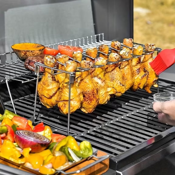 14-Slot Stainless Steel Chicken Leg Wing Rack with Drip Tray for BBQ Grill Oven