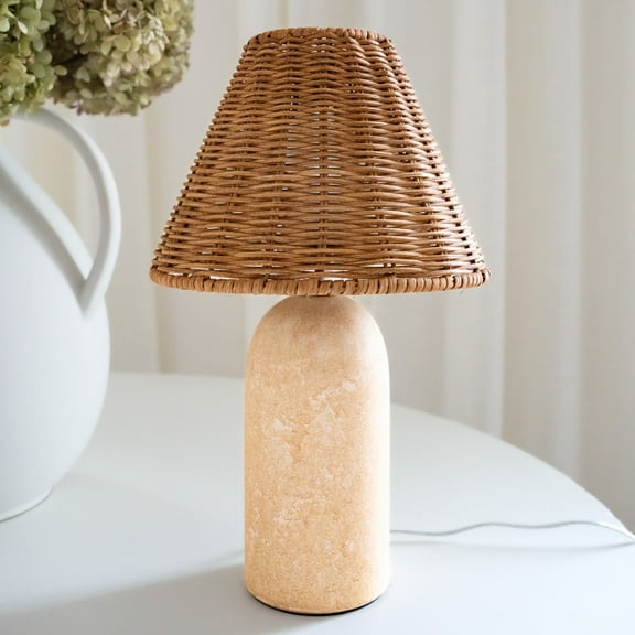 14" Small Mini Wicker Table Lamp Handmade Ceramic Base with Rattan Shade, Dimmable Nightstand or Accent Light for Nursey, Kitchen Counter, Small Spaces, Bookshelf, Nightstand Boho Decor