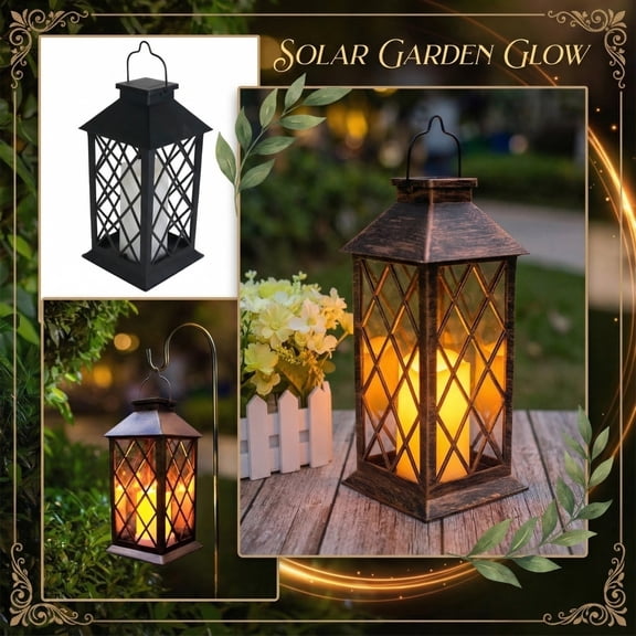 14" Solar Lanterns Outdoor Waterproof, Glass Solar Flickering Flame Lantern Large Hanging Solar Lantern Metal Decorative for Patio Garden Backyard Outside Tabletop Mothers Day Gifts Mom, Black