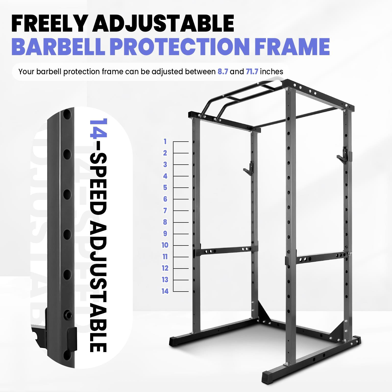 14-Speed Adjustable J-Hooks & Protection Frame, 1200 lbs Capacity 1.8mm Steel Pipe Black Squat Rack with Pull-Up Bar for Home Gym