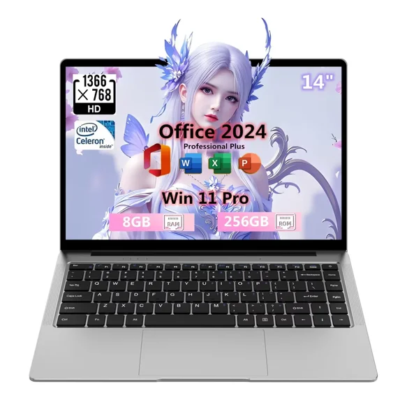 14" Student Laptop Office 2024 Win 11 Pro 8GB DDR4 RAM 256GB SSD IPS HD Display Ultra Thin Laptop Intel Celeron N Series Notebooks PC computer Perfect for Travel Study and Work Silver