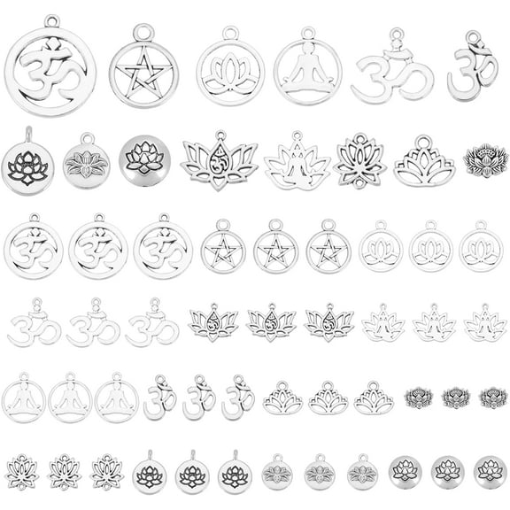 14 Styles Lotus Flower Charms 56pcs Charms Indian Chakra Charm Tibetan Alloy Hollow Pendants Beads for Diwali Jewelry Bracelet Necklace Earring Keychain Making DIY Crafts