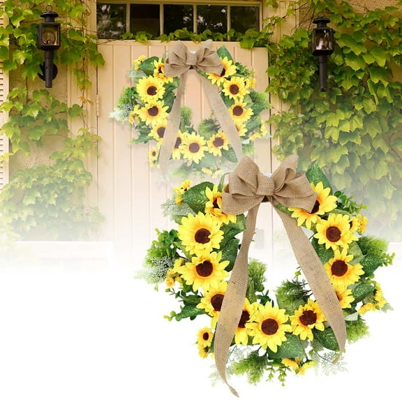 14" Sunflower Wreath for Front Door - Bright Artificial Spring Summer Wreath with Yellow Sunflowers & Greenery, Farmhouse Decor for Porch, Wall, Window & Wedding