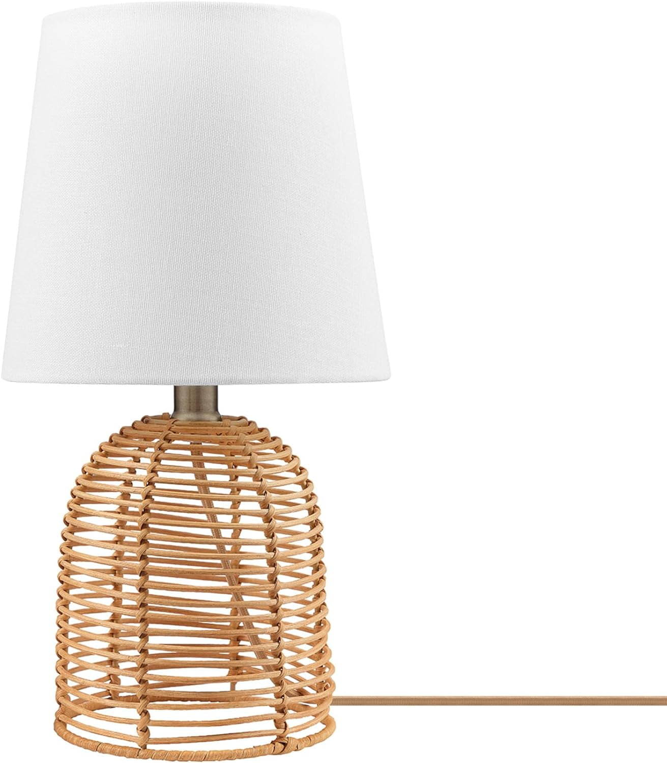 14" White Linen Shade Table Lamp with Rattan Base