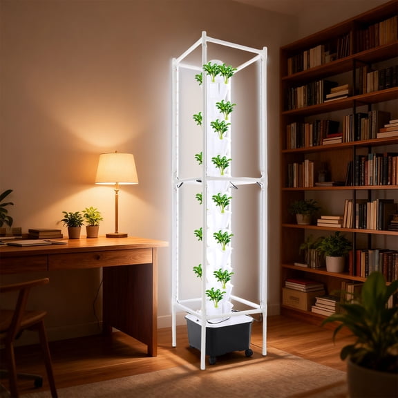 14-Tier Hydroponic Grow Tower, Hydroponic Gardening Tower With with 8 LED Light Strips and Wheels, Water Level Gauge, 70 Planting Holes, for Home, Commercial Space, Botanical GardenWhite+Black