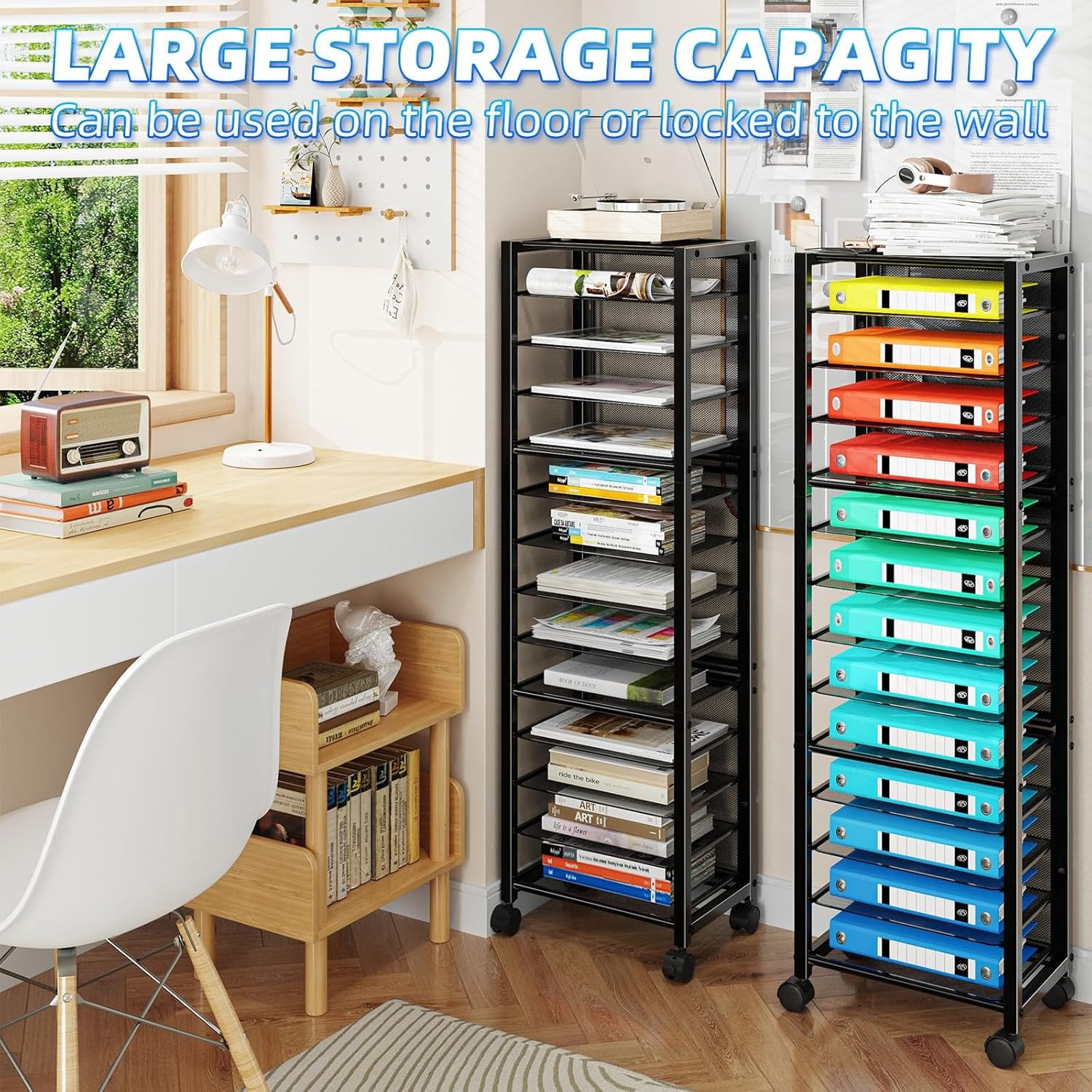 14 Tier Rolling File Cart, Desk File Organizer with Sliding Trays and Wetal Mesh Paper Letter Storage Multi-Functional Rolling Clutter Cart for Office, Home, School, Black