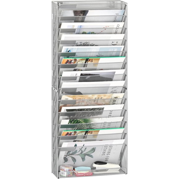 14 Tier Wall File Holder with Flat Tray, Silver | Easy Assemble Mesh Desk File Organizer | 13-Folder Paper Storage | Replaceable Classify Labels | Space Saving Mail Organizer for Office Home