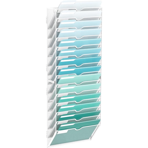 INTIGE 14-Tier Wall File Organizer, Metal Mesh Hanging Wall Paper Organizer, White, Screw Installation