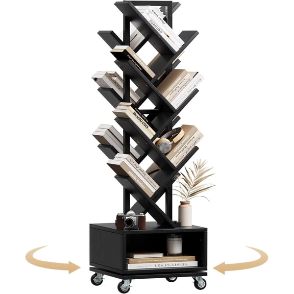 14 Tire Rotating Bookshelf, Spinning 360° Tree Book Shelf with Brake Wheels,Double Sided Bookcase with Storage Cabinet, Vertical Rotate Turning Spiral Corner Organizer, Black