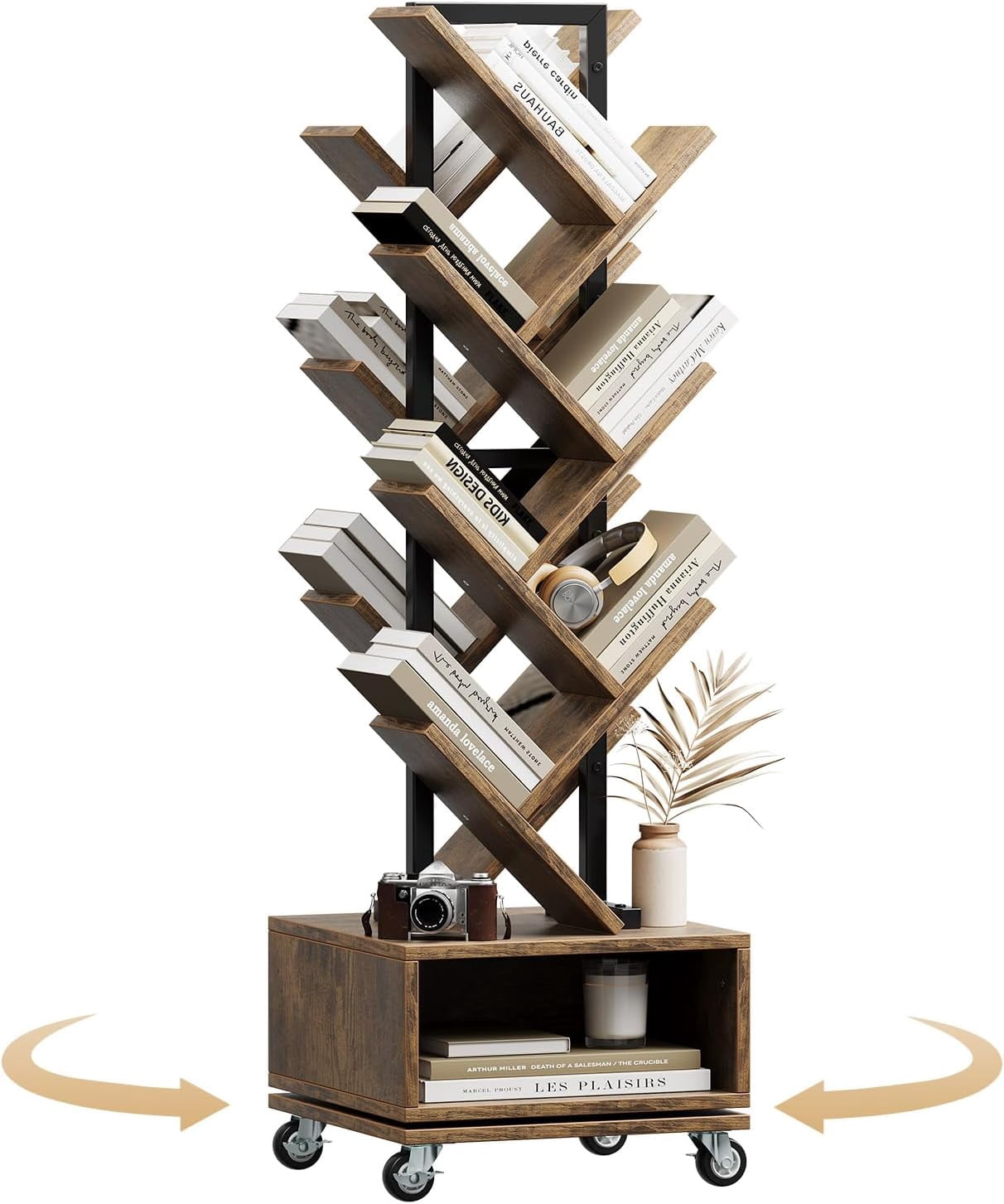 Rotating Vertical Storage 14 Tire Rotating Bookshelf, Spinning 360° Tree Book Shelf with Brake ...