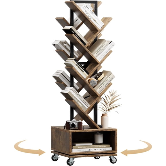 14 Tire Rotating Bookshelf, Spinning 360° Tree Book Shelf with Brake Wheels,Double Sided Bookcase with Storage Cabinet, Vertical Rotate Turning Spiral Corner Organizer, Rustic Brown