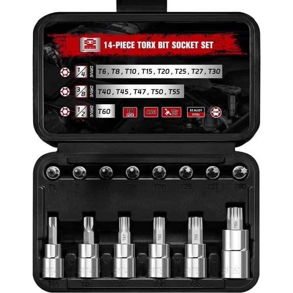 14- Torx Bit Socket Set T6-T60, S2 and Cr-V Steel  Bit Socket Set 1/4" 3/8" 1/2" Drive, T Torx  Storage Case for   Machinery Repair