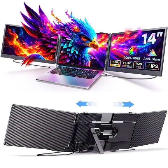 Laptop Screen Extender Dual Monitor, 14" FHD 1080P IPS Portable Monitor for Laptop, Triple Screen Setup, USB-C & HDMI Compatible, Plug & Play, Fits 13"-17.3" Laptops, Travel Laptop Monitor Extender