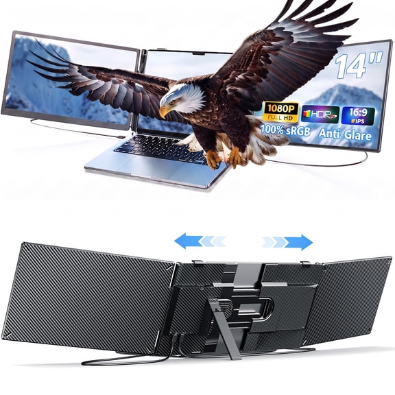 Laptop Screen Extender Dual Monitor, 14" FHD 1080P IPS Portable Monitor for Laptop, Triple Screen Setup, USB-C & HDMI Compatible, Plug & Play, Fits 13"-17.3" Laptops, Travel Laptop Monitor Extender