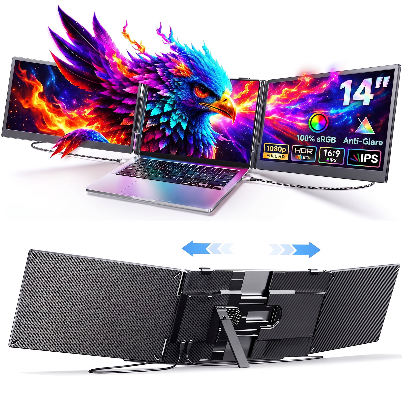 Laptop Screen Extender Dual Monitor, 14" FHD 1080P IPS Portable Monitor for Laptop, Triple Screen Setup, USB-C & HDMI Compatible, Plug & Play, Fits 13"-17.3" Laptops, Travel Laptop Monitor Extender