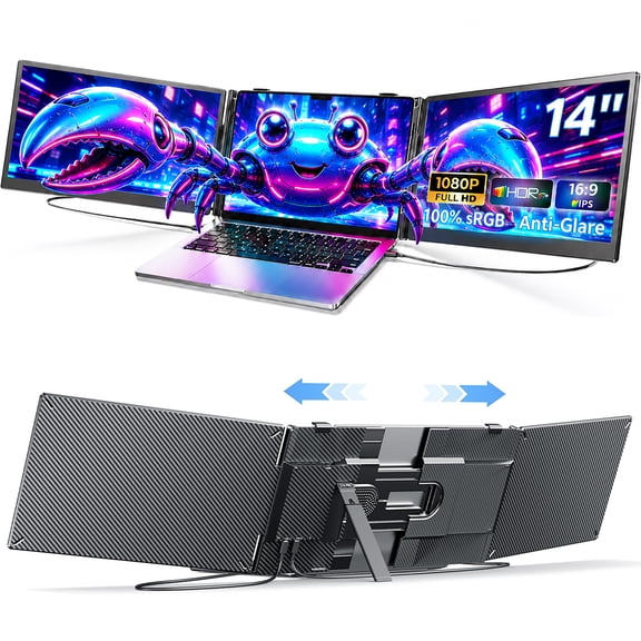 Laptop Screen Extender Dual Monitor, 14" FHD 1080P IPS Portable Monitor for Laptop, Triple Screen Setup, USB-C & HDMI Compatible, Plug & Play, Fits 13"-17.3" Laptops, Travel Laptop Monitor Extender