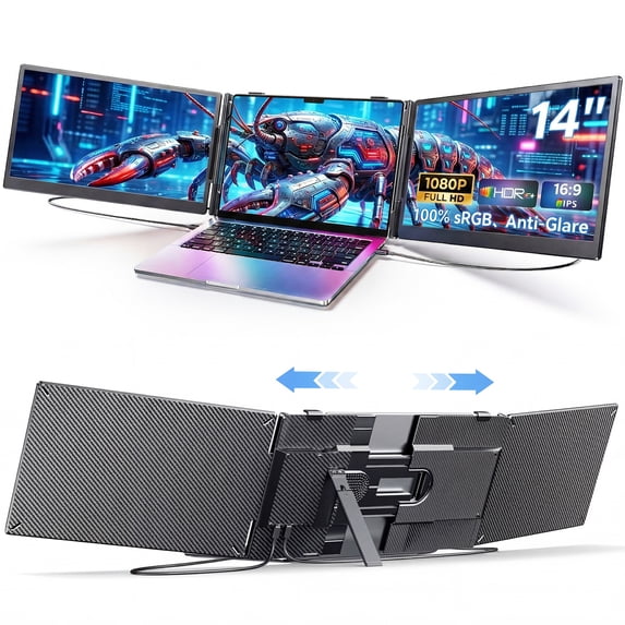 Laptop Screen Extender Dual Monitor, 14" FHD 1080P IPS Portable Monitor for Laptop, Triple Screen Setup, USB-C & HDMI Compatible, Plug & Play, Fits 13"-17.3" Laptops, Travel Laptop Monitor Extender
