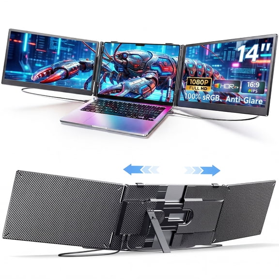 Laptop Screen Extender Dual Monitor, 14" FHD 1080P IPS Portable Monitor for Laptop, Triple Screen Setup, USB-C & HDMI Compatible, Plug & Play, Fits 13"-17.3" Laptops, Travel Laptop Monitor Extender