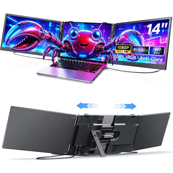 Laptop Screen Extender Dual Monitor, 14" FHD 1080P IPS Portable Monitor for Laptop, Triple Screen Setup, USB-C & HDMI Compatible, Plug & Play, Fits 13"-17.3" Laptops, Travel Laptop Monitor Extender