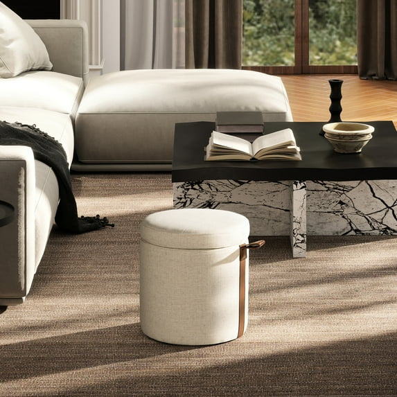 14" Upholstered Leather-accented Storage In Flax White. Compact For Space Saving. Secret Interior Storage. Soft And Stylish Cushioned Top. Useful As Footrest Or Additional Seating.