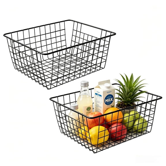 14" Upright Freezer Storage Baskets, Black Wire Storage Bins Large Bakset for Freezer, Pantry, Bathroom Organizing, Set of 2