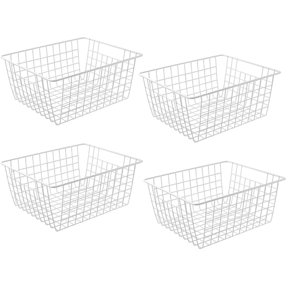 14" Upright Freezer Storage Baskets, White Wire Storage Bins Large Bakset for Freezer, Pantry, Bathroom Organizing, Set of 4