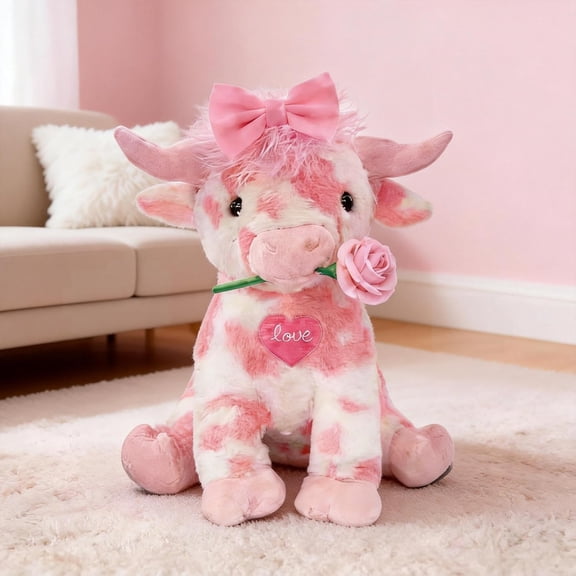 14" Valentine Highland Cow Stuffed Animal, Pink Highland Cow Weighted Stuffed Animal, Cute Plushies Fluffy Cow Gifts (Pink-A)