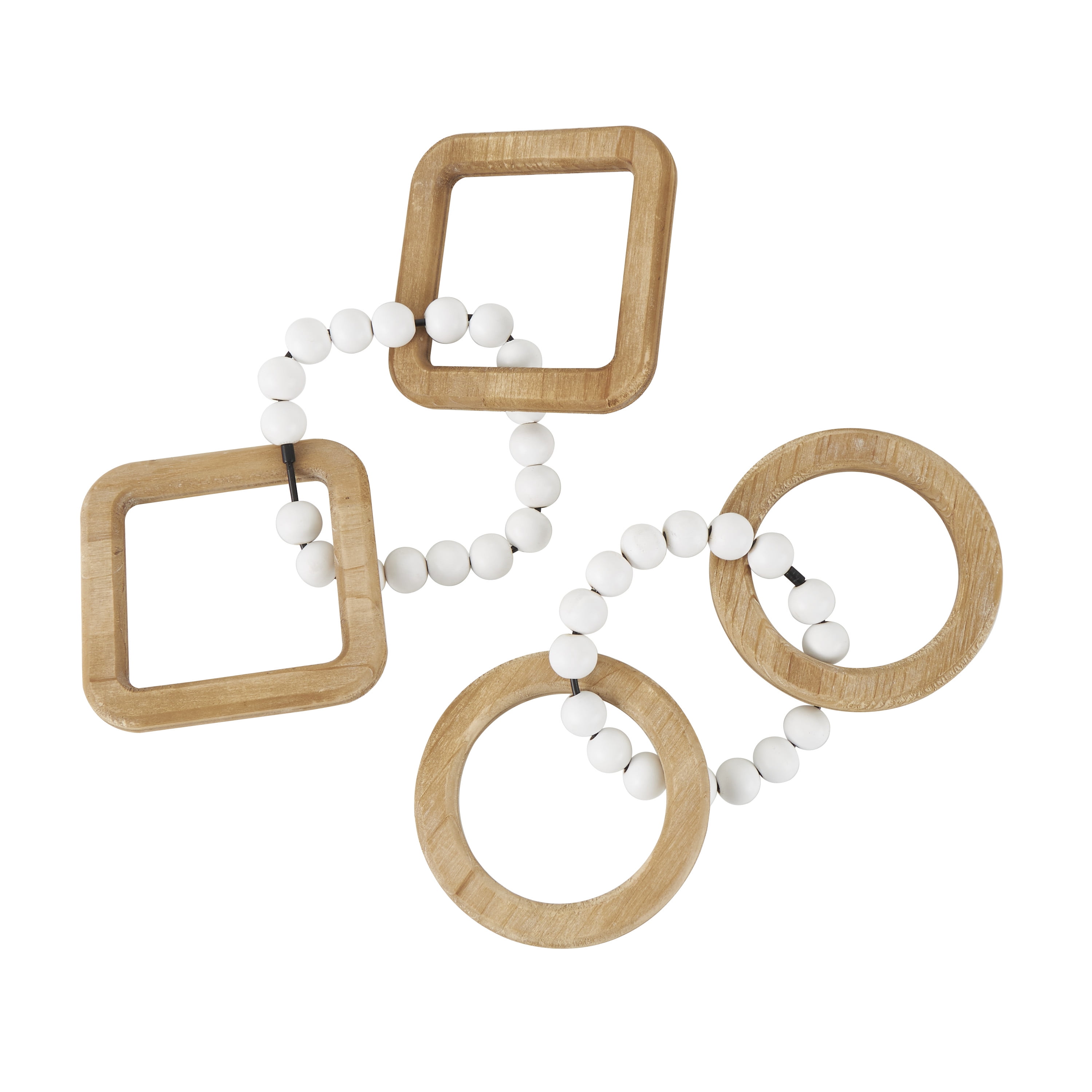 14"W, 2"H Brown Wood Geometric 3 Link Chain Sculpture with White Beaded Accents, by DecMode (2 Count)
