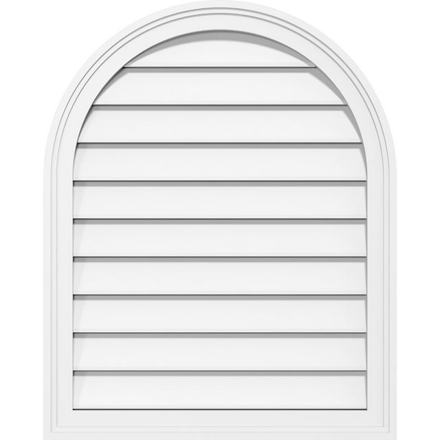 14"W x 12"H Round Top Surface Mount PVC Gable Vent: Functional, w/ 2"W x 1-1/2"P Brickmould Frame