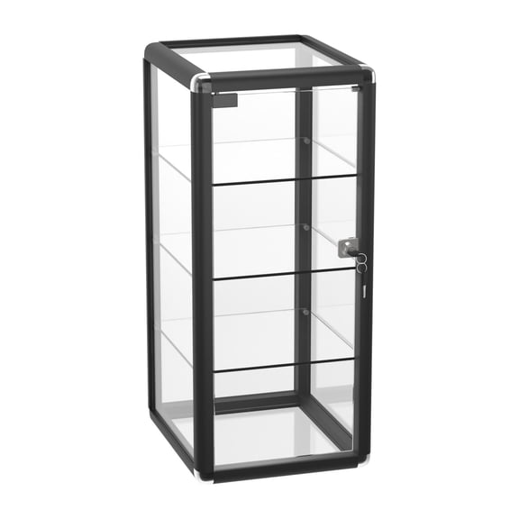 14"W x 27"H x 12"D, Black Aluminum Tempered Glass Top Display Case with Lock, Key and 3 Glass Shelves for Retail, Mall and Office Display